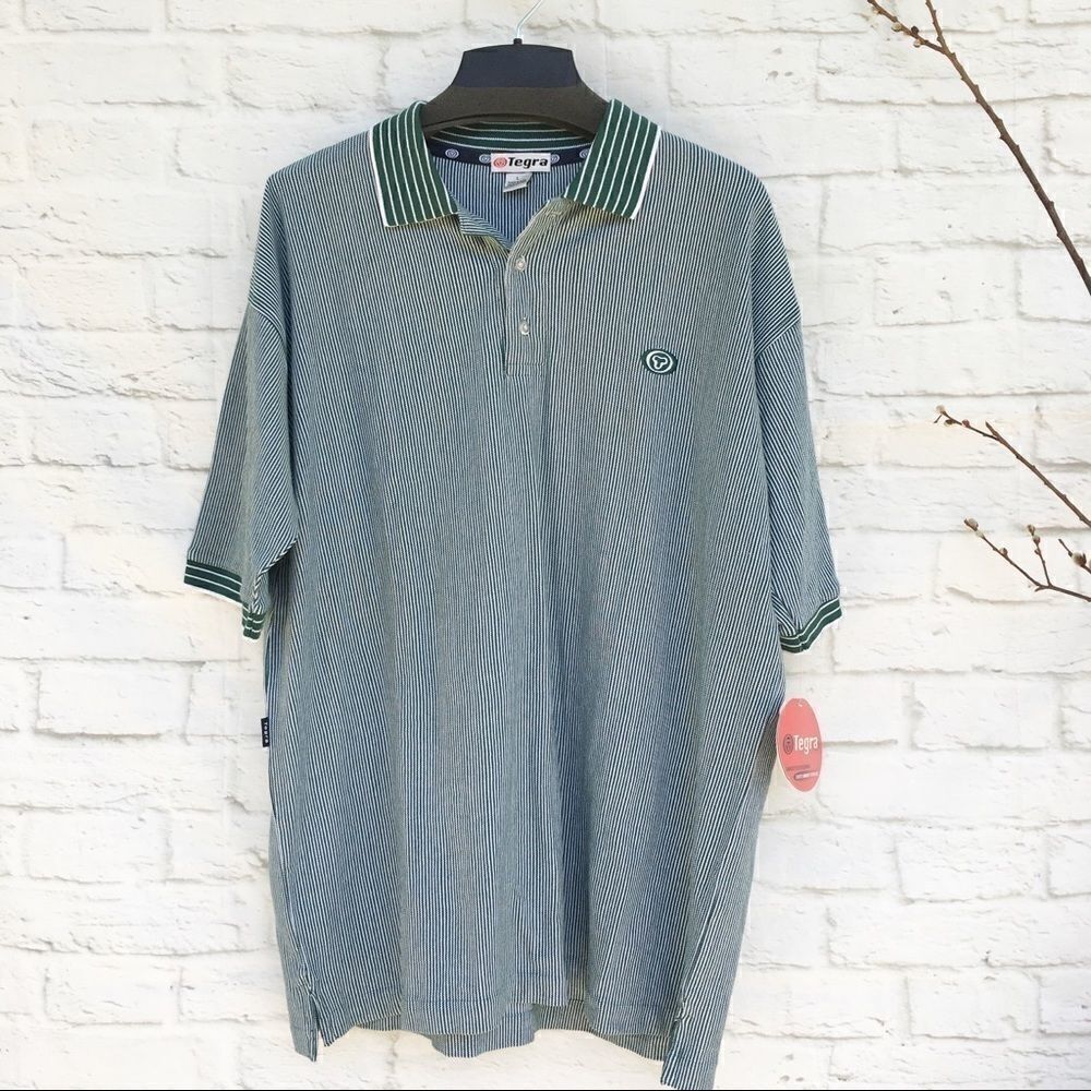 New Tegra Mens S/S Green Striped Cotton Golf Polo L